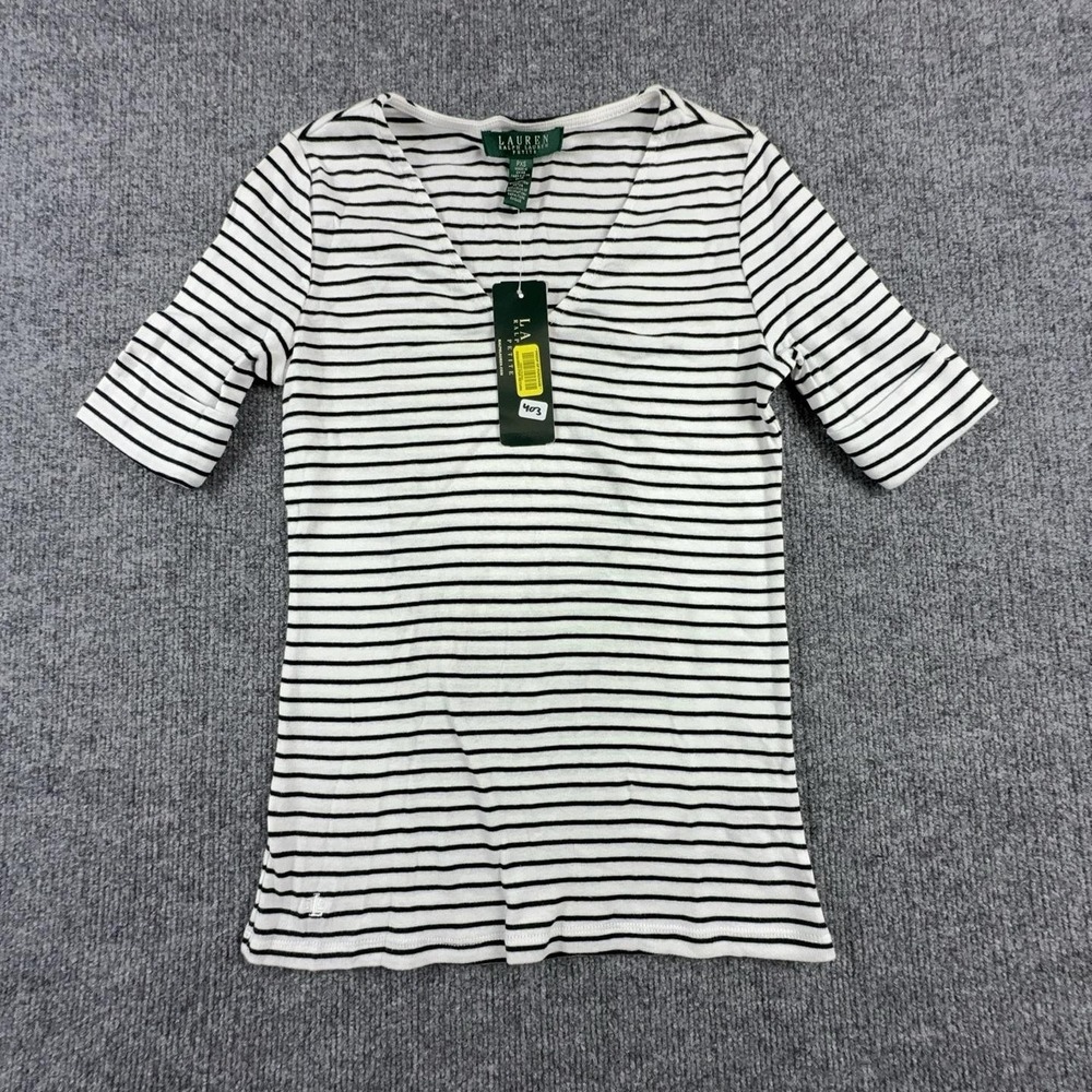 Lauren Ralph Lauren Shirt Womens PXS White Black Striped V Neck Cotton Top